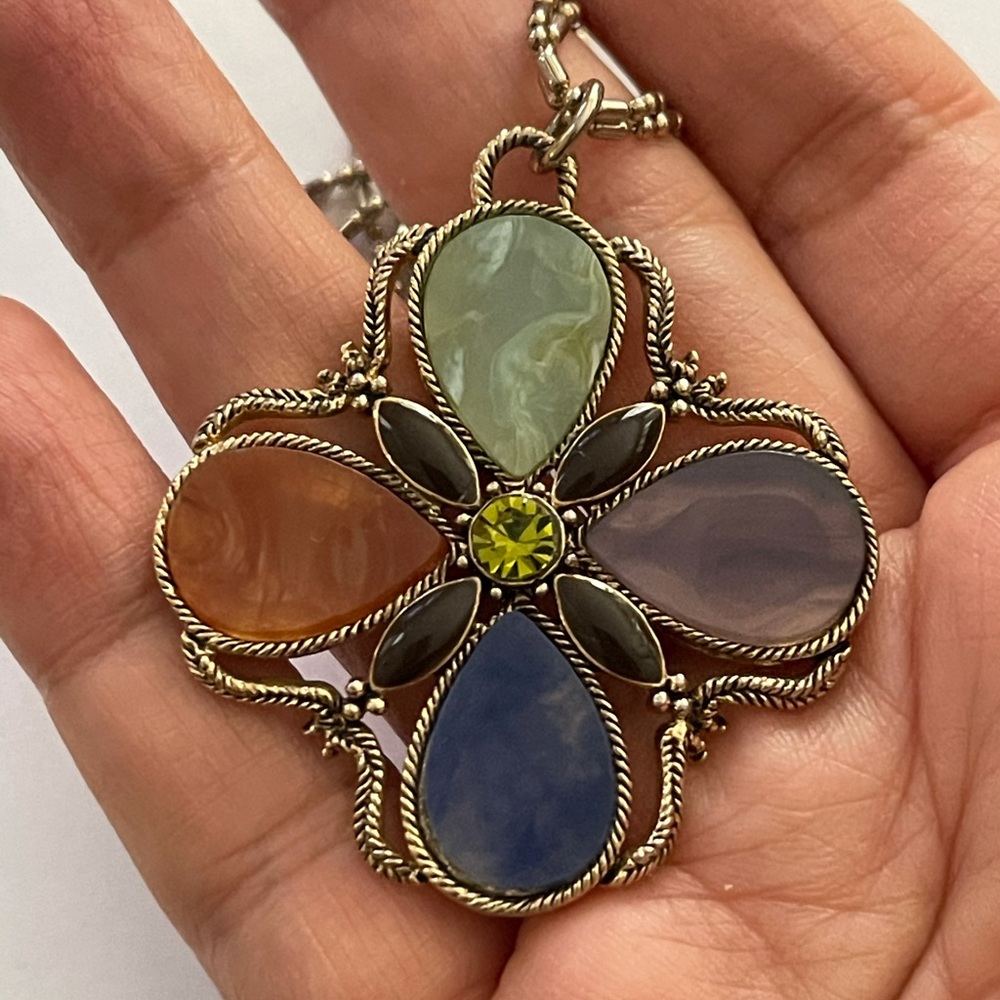 Monet Signed Multi Color Lucite Cross Pendant - image 2